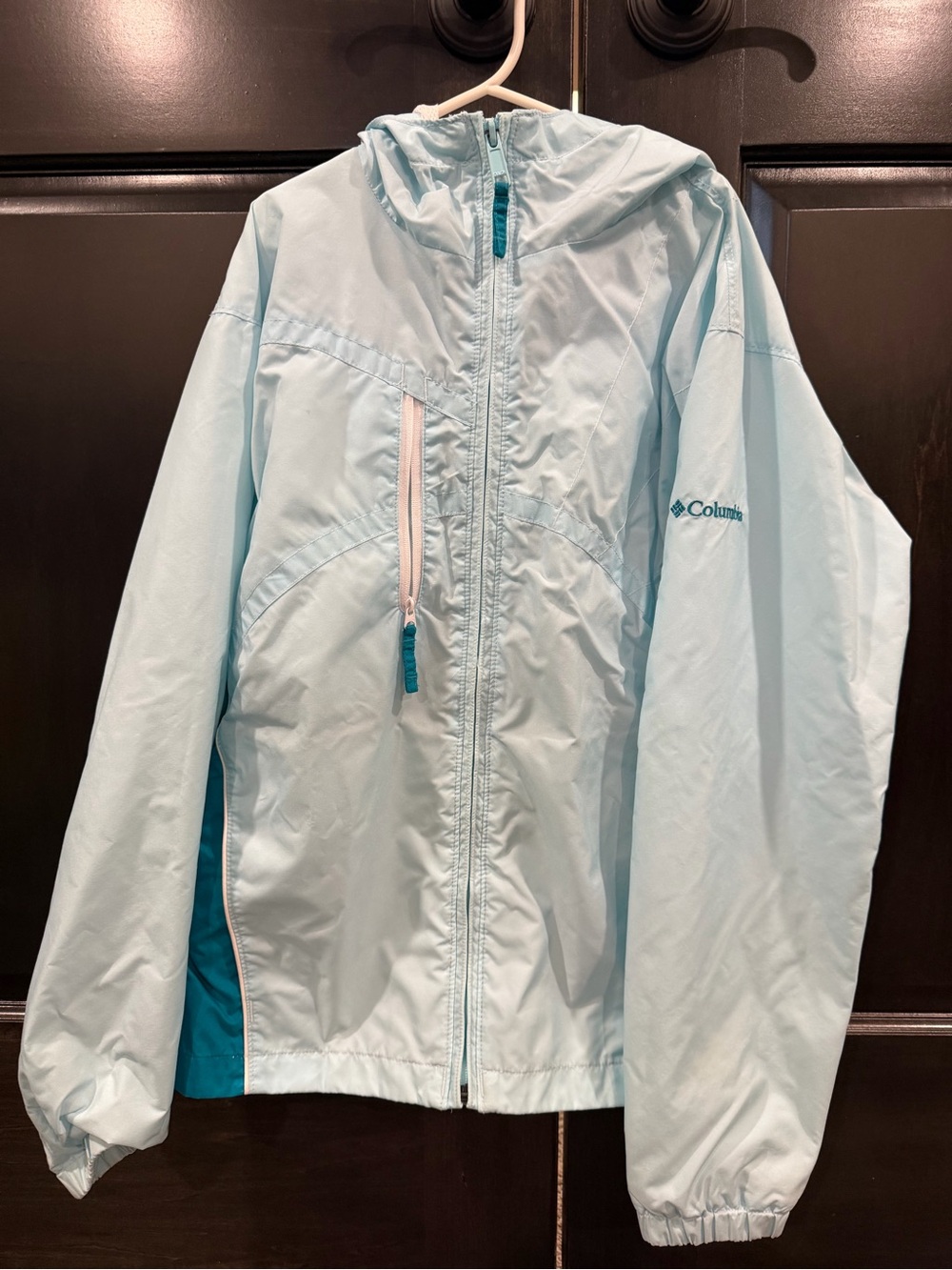 Columbia Pale Blue & Light Teal Hooded Windbreaker/Rain Jacket